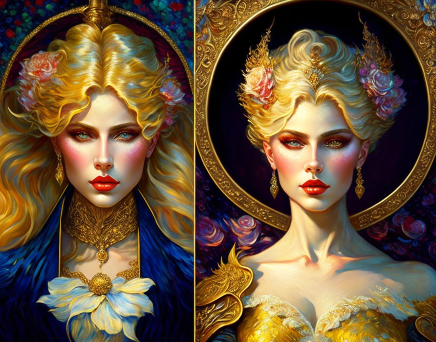 Stylized portraits of a woman with golden jewelry, blue and yellow clothing, and floral hair accents