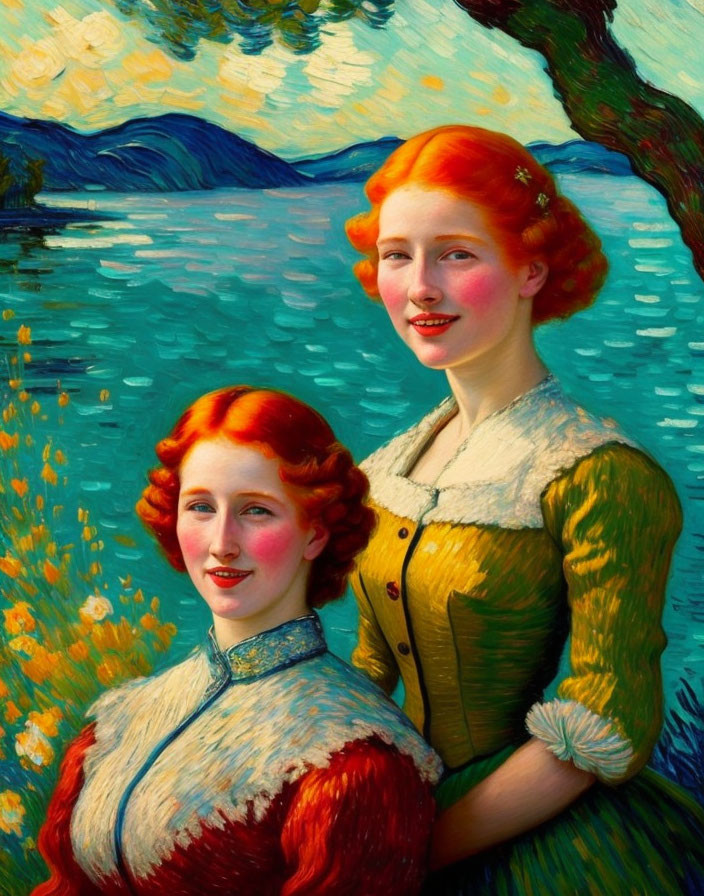 Two red-haired women in vintage attire by a lake with mountains and trees.