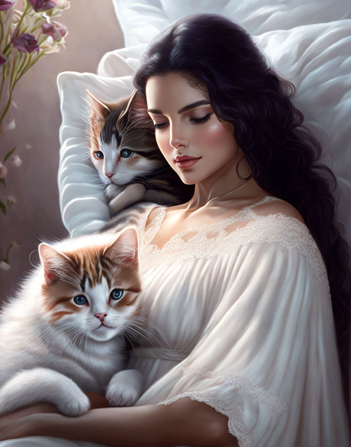 Woman with Long Dark Hair Relaxing in Bed with Two Cats