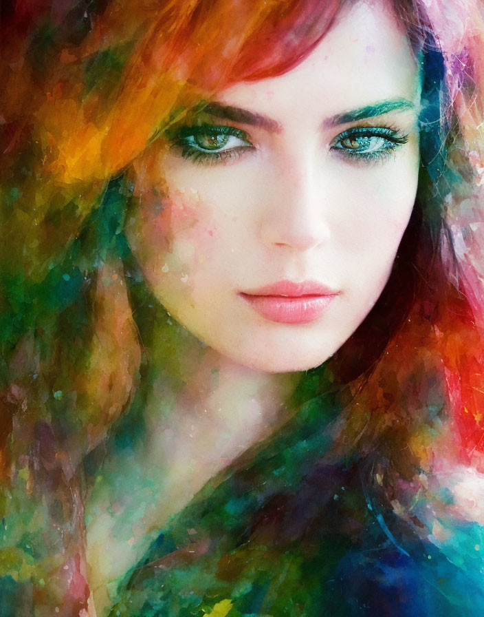 Colorful Watercolor Portrait of Woman with Vibrant Blending Effects