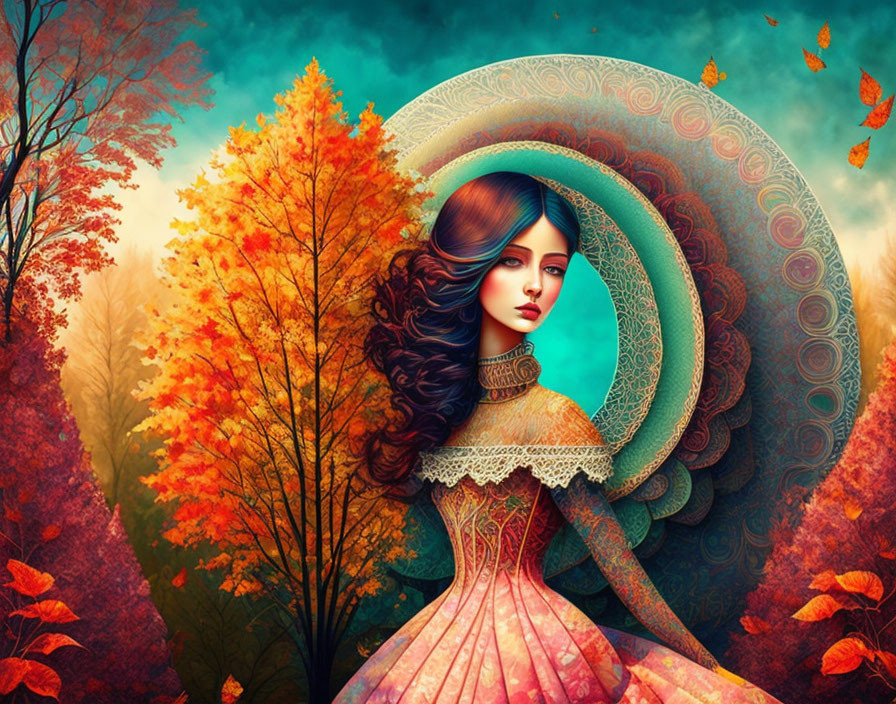 Illustration of woman with elaborate hair, ornate halo, autumn trees.