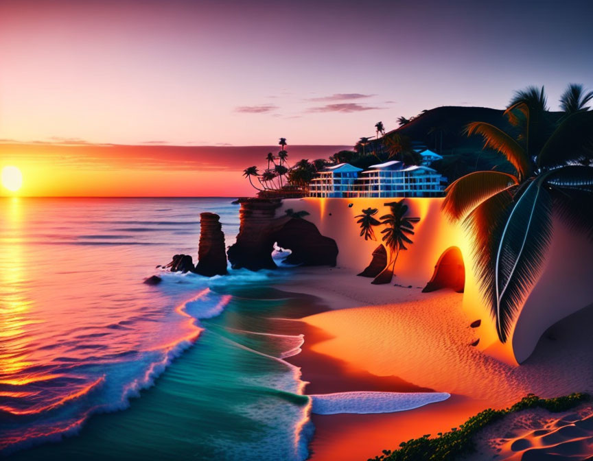 Tropical beach sunset scene with palm trees, rock formations, white building, and gentle waves.