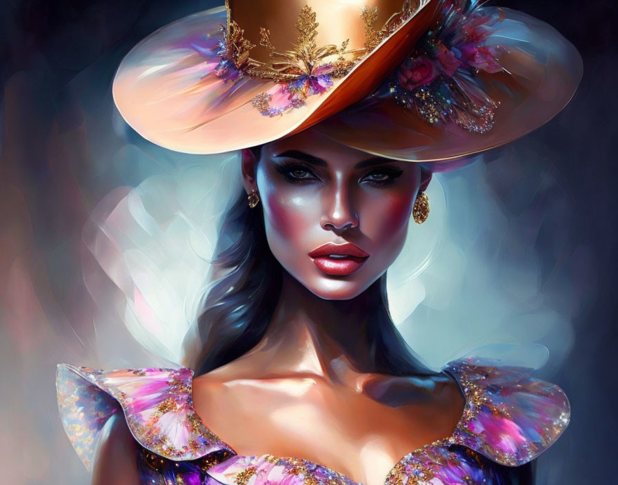 Illustrated woman in fancy hat with floral attire