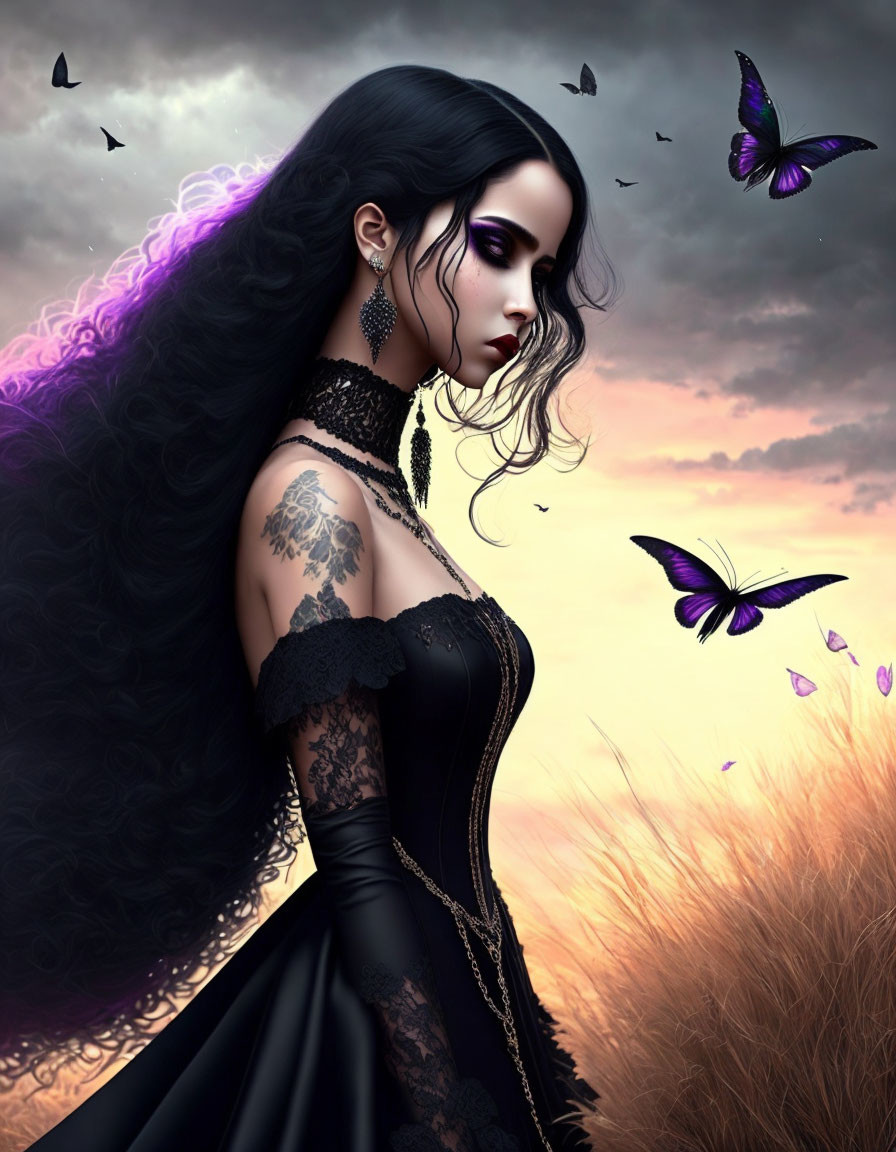 Gothic woman with black hair and purple highlights in field with flying butterflies