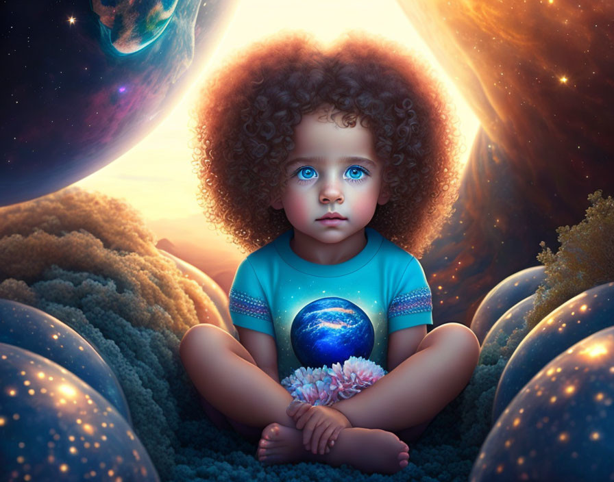 Child with blue eyes and curly hair in surreal cosmic scenery