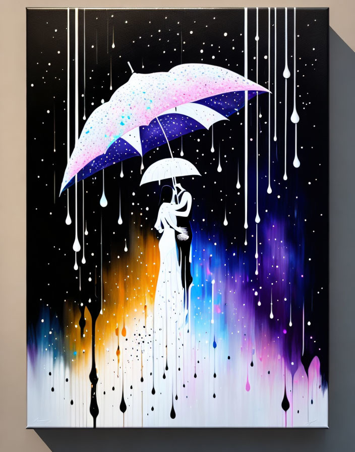 Colorful painting of couple under umbrella in rain against starry and fiery background