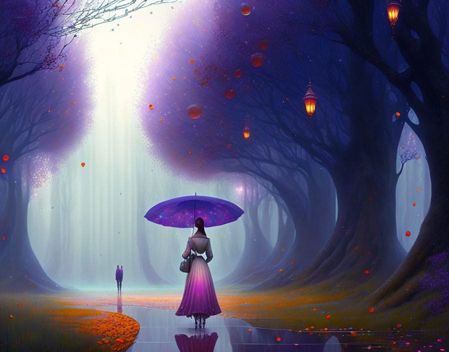 Person with umbrella in mystical forest path with glowing orbs and lanterns