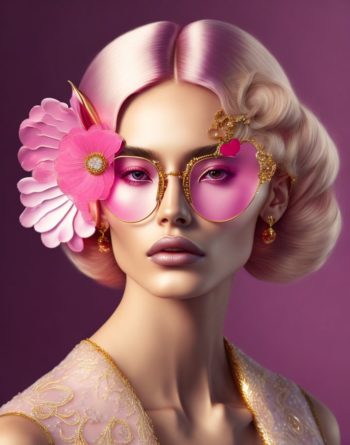 Stylized portrait of woman with pink hair and heart-shaped sunglasses