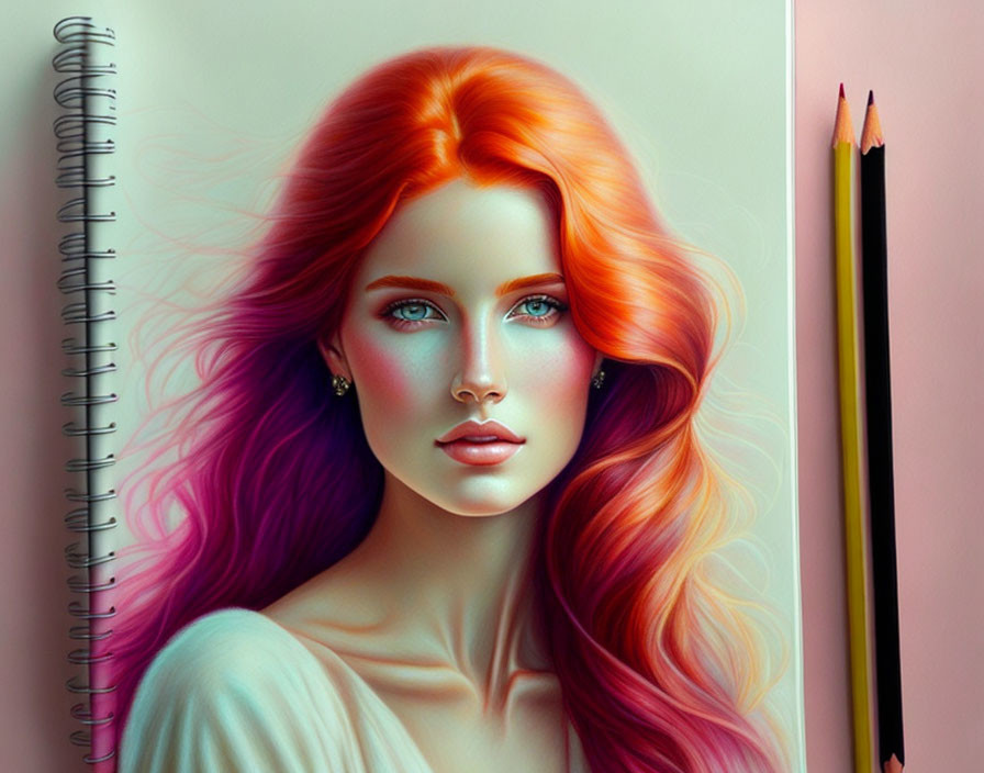 Colorful drawing of woman with red and pink hair and blue eyes on sketchpad with pencils