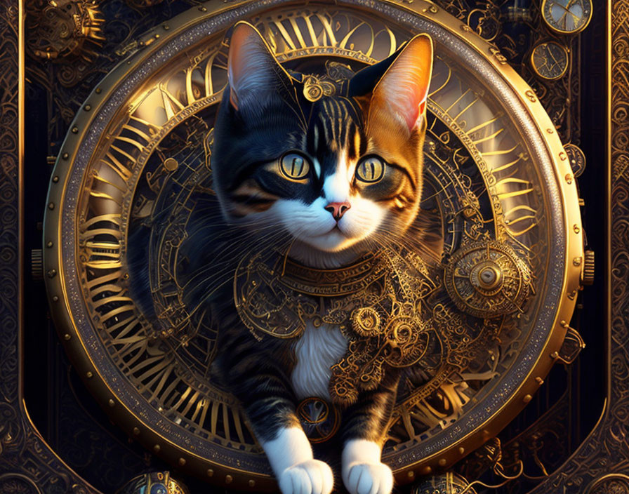 Tabby Cat Digital Artwork with Striking Eyes on Gold Steampunk Gear Background