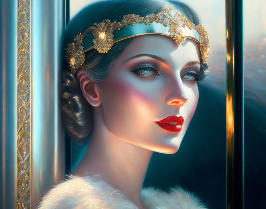 Elegant digital artwork of a woman with ornate headpiece and fur collar