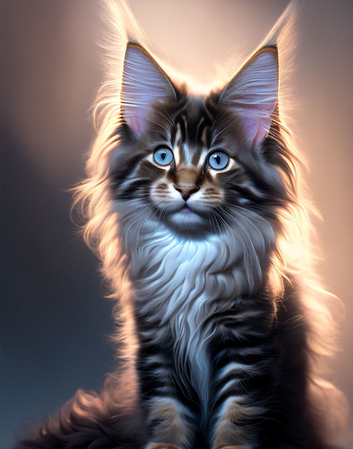 Blue-eyed long-haired cat with tufted ears on soft background