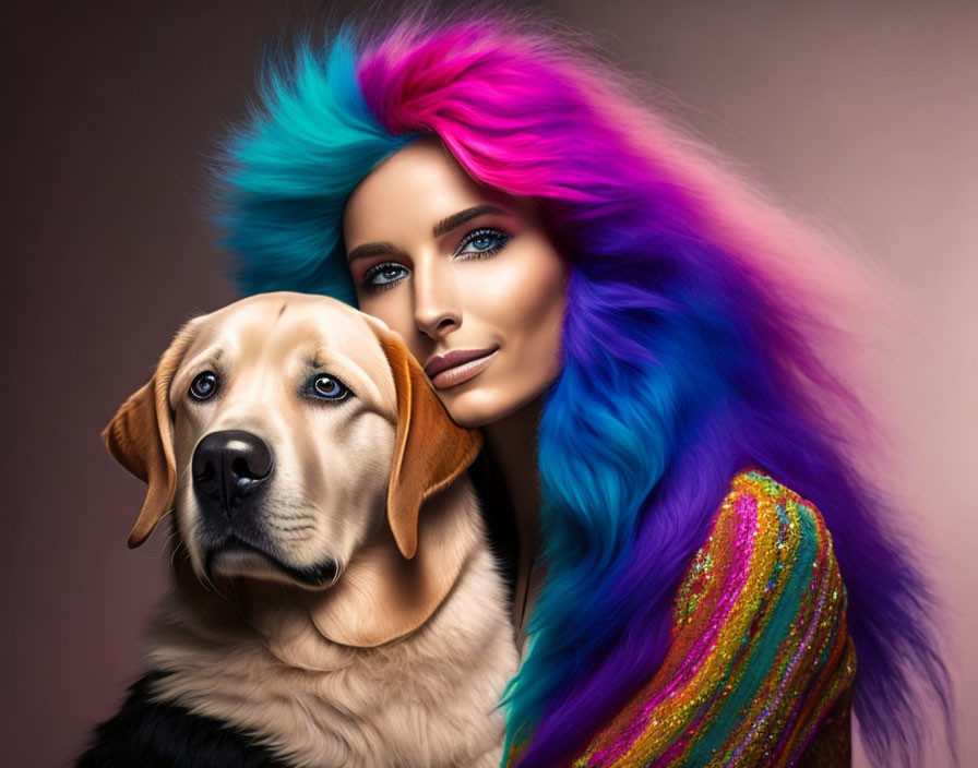 Woman with Vibrant Blue and Pink Hair Posed with Matching-Ear Dog