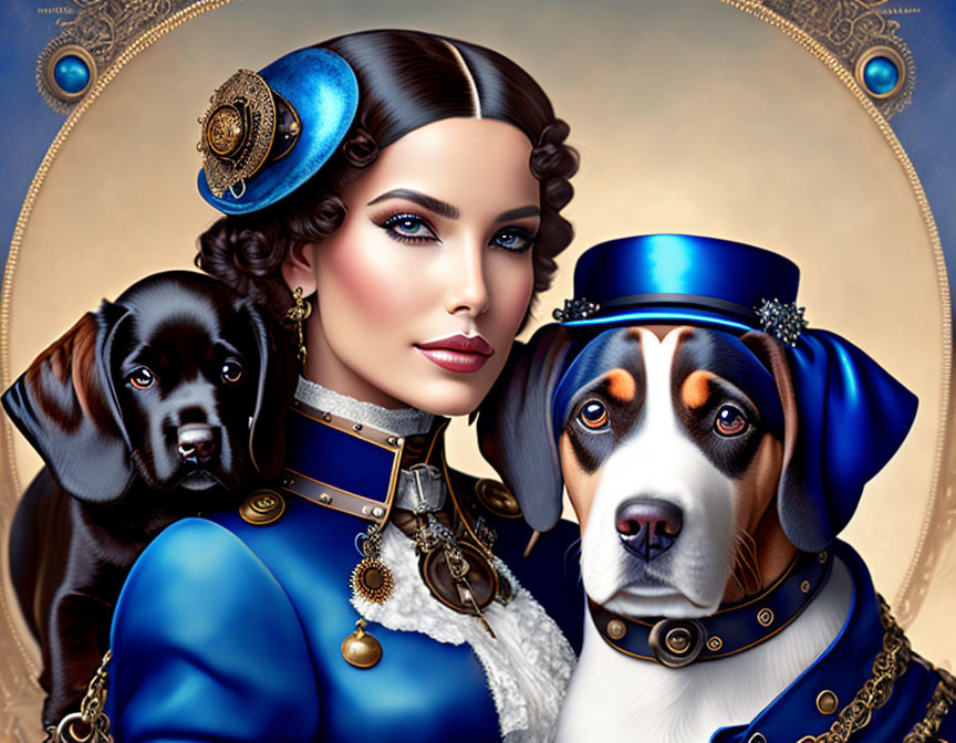 Stylized illustration of woman with sleek hair and two dogs in elegant blue outfits