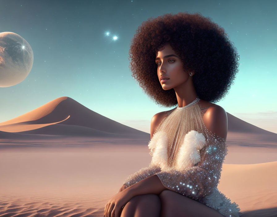 Woman with voluminous afro in white dress in desert twilight.