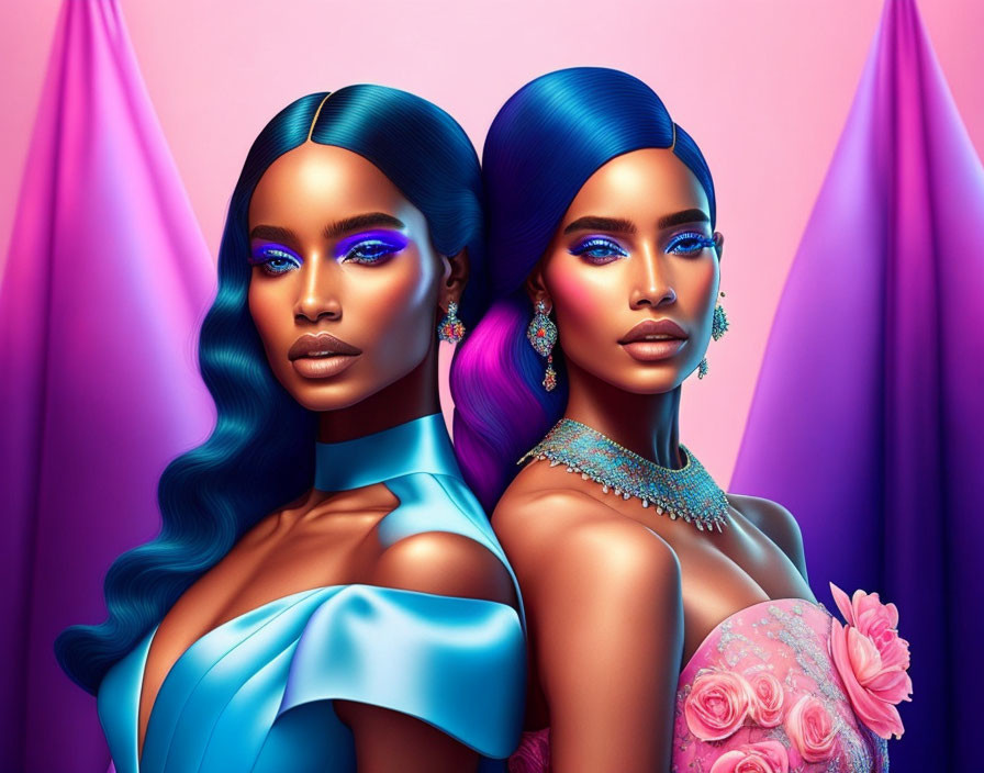 Stylized women with blue hair in elegant attire on pink backdrop