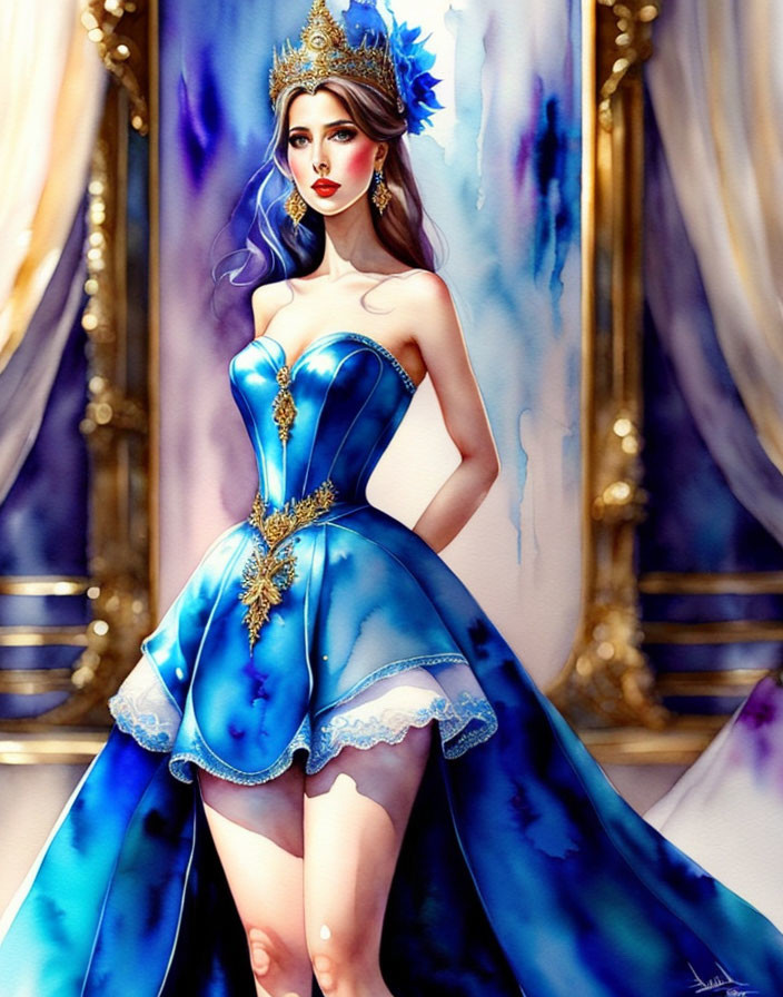 Illustrated woman in luxurious blue and gold gown and crown against regal backdrop