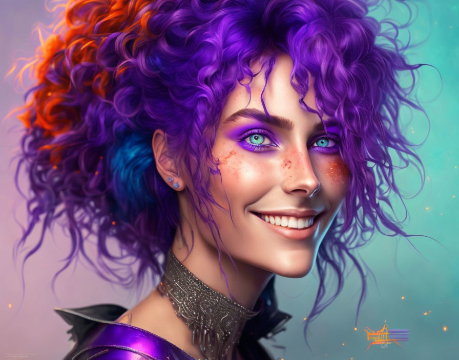 Colorful digital portrait of a joyful woman with rainbow hair and ornate armor