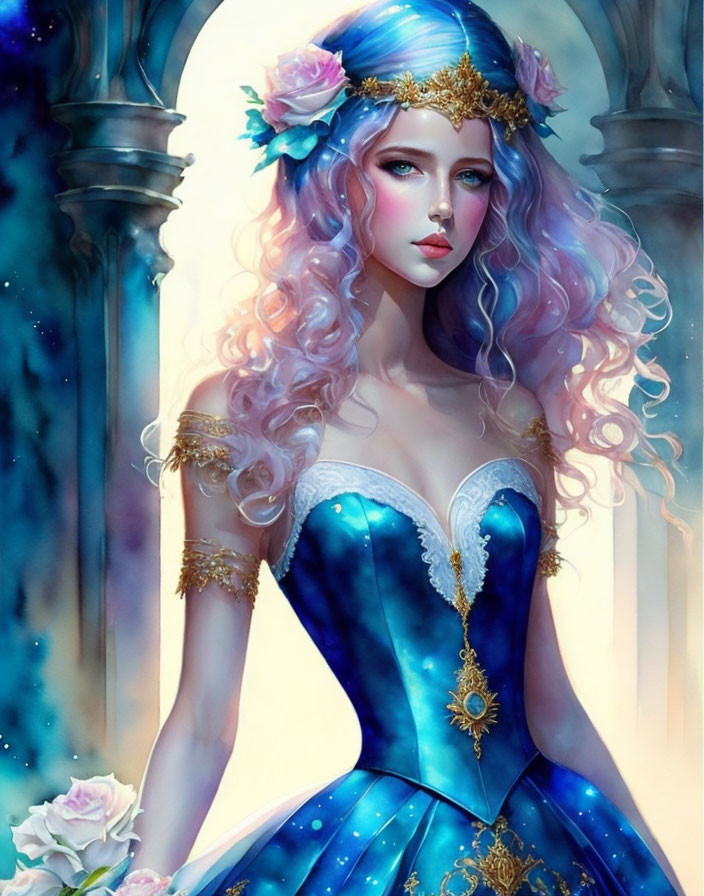 Fantasy woman with pastel pink and blue hair in blue and gold corset dress among marble columns