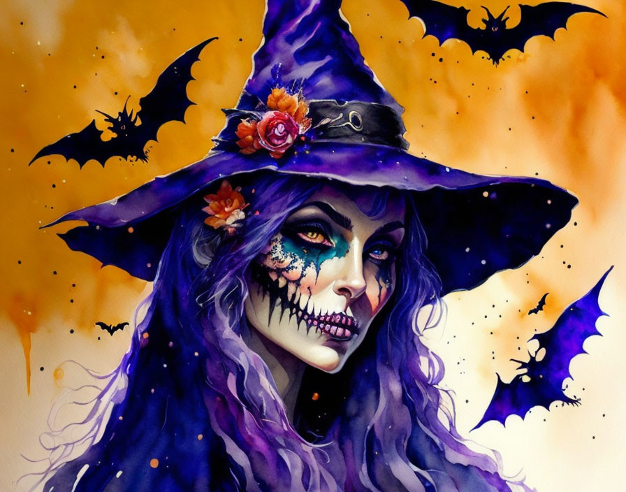 Vivid Watercolor Painting of Witch with Skull Face and Bats