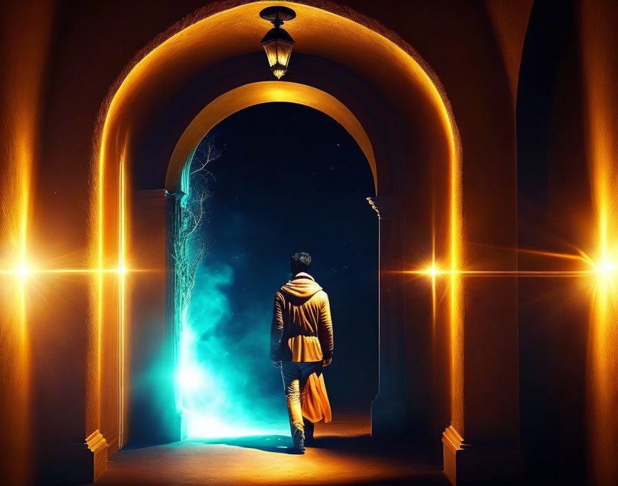 Person standing before glowing blue portal in archway at night under streetlamp