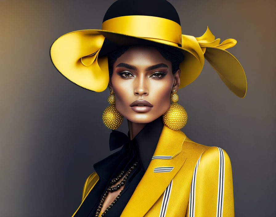 Fashionable woman in yellow hat and jacket with bold makeup and spherical earrings on gradient background.