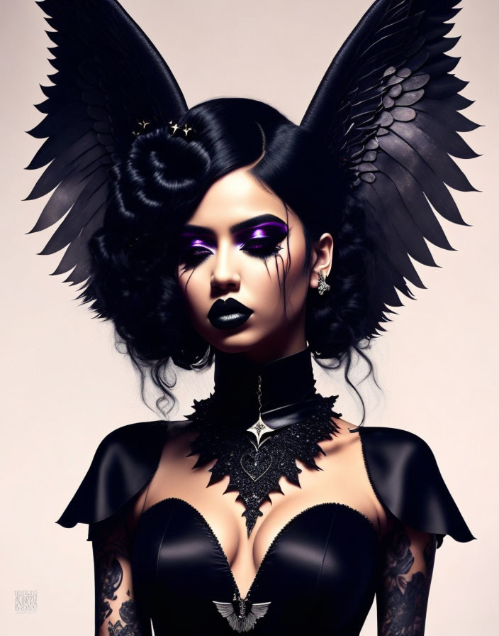 Stylized gothic portrait of female with black wings and dark makeup