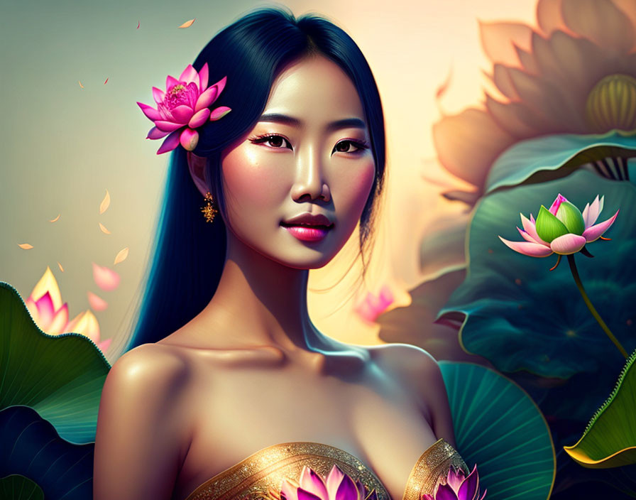 Asian woman portrait with lotus flowers and glowing backdrop.