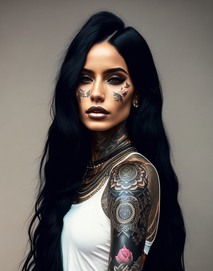 Portrait of a Woman with Long Black Hair and Striking Makeup