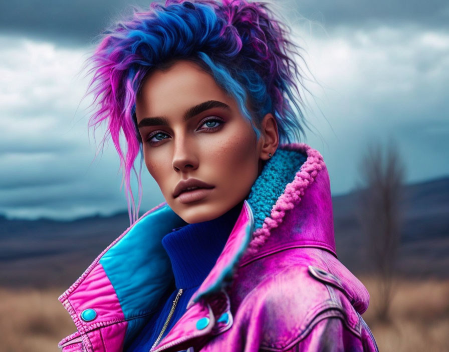 Vibrant blue hair woman in pink jacket with strong makeup