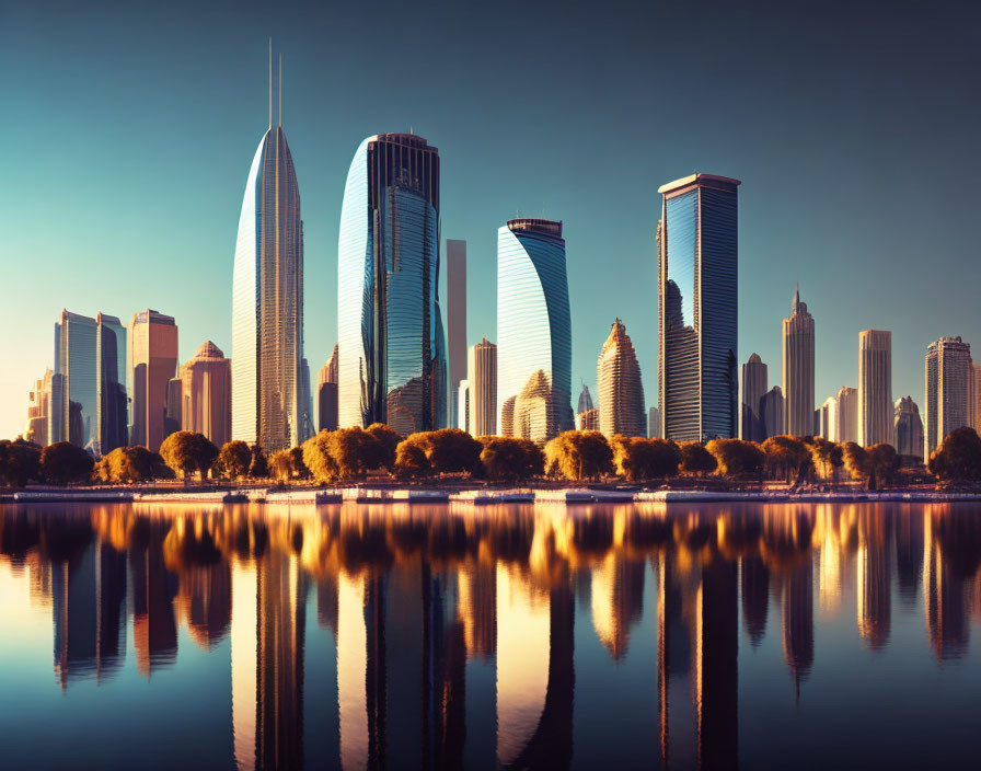 Urban skyline reflected in calm water under clear blue sky