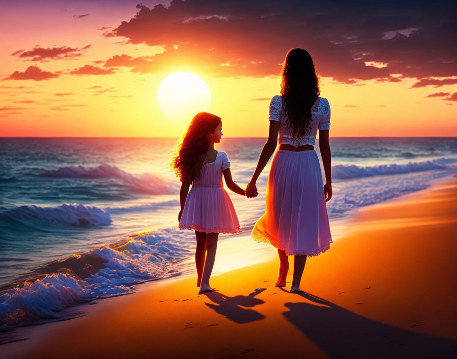 Couple Holding Hands on Beach at Sunset with Orange Sky