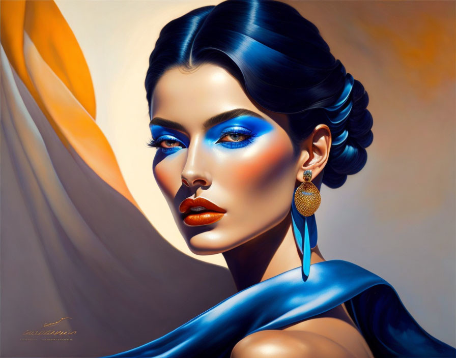 Vibrant woman portrait with blue eyeshadow and orange lips on golden background