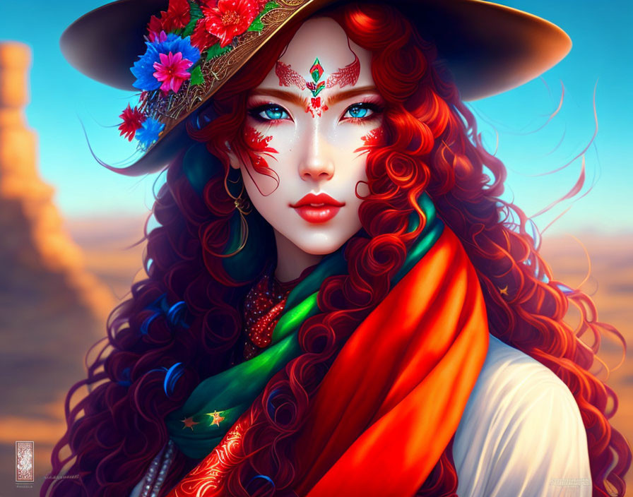 Colorful digital artwork featuring a woman with red hair and floral hat