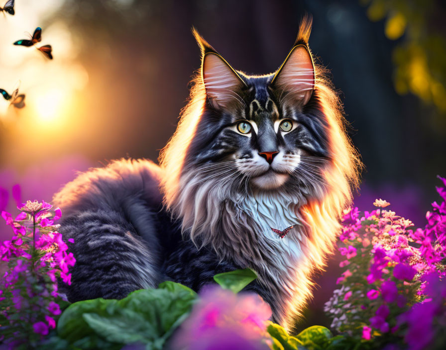 Long-Haired Cat with Striking Markings in Purple Flower Setting