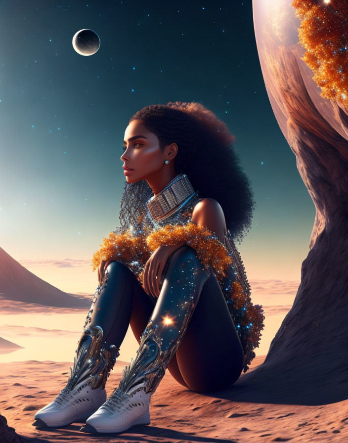 Woman with afro in futuristic cosmic attire in alien desert landscape