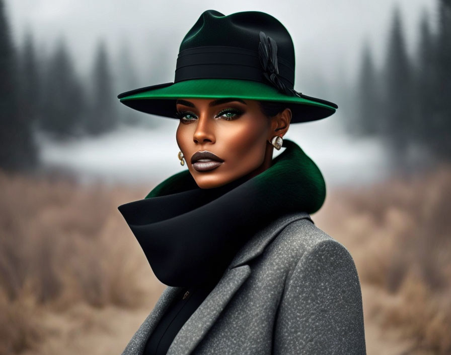 Portrait of woman with green eyes in green hat & gray coat against winter landscape