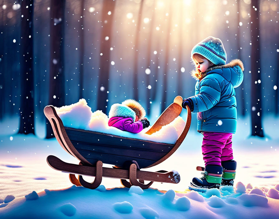 Child in winter coat and hat with sled in snow at twilight