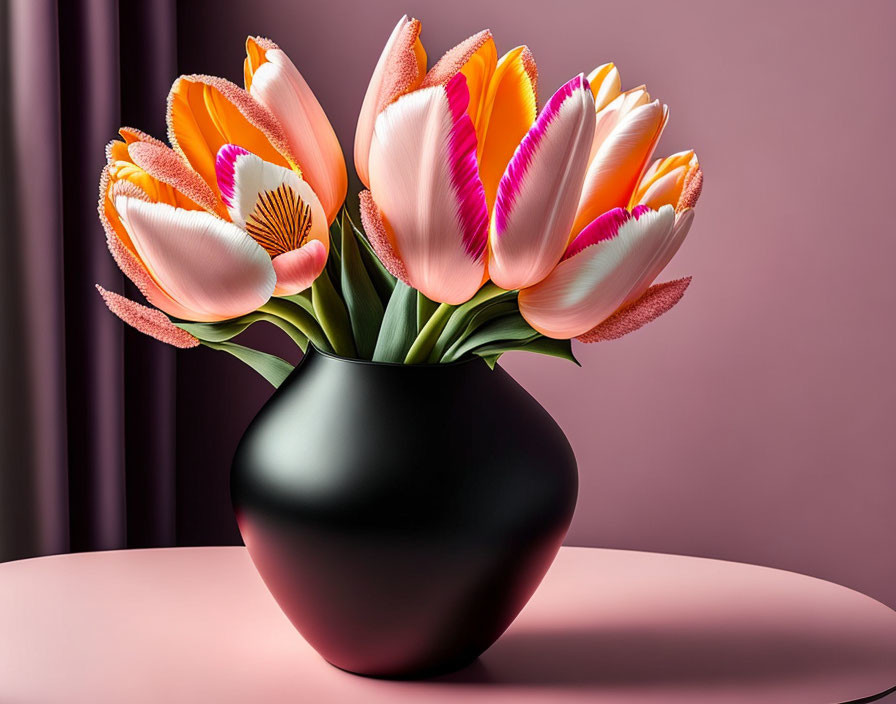 Colorful Tulip Bouquet in Matte Black Vase on Pink Surface