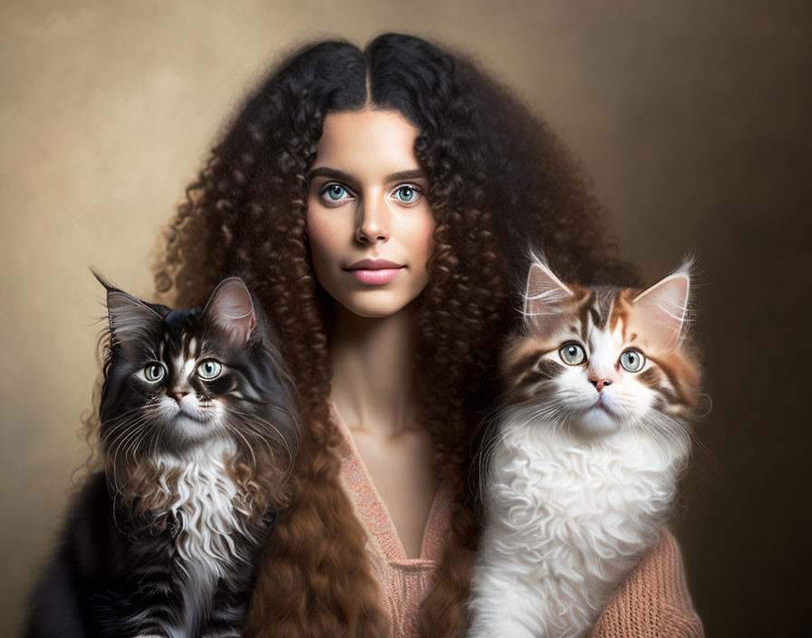 Curly-Haired Woman with Two Fluffy Cats on Warm Background