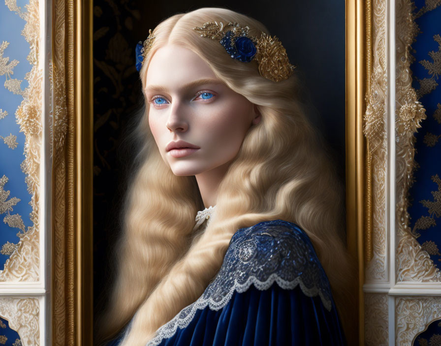 Blonde woman in blue gown with gold embroidery and hairpiece in golden frame