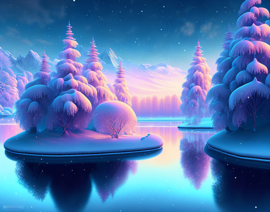 Snow-covered wintry landscape at twilight with serene trees and starry sky