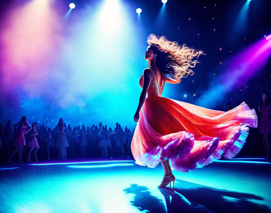 Woman in red dress performing on stage under vibrant lights