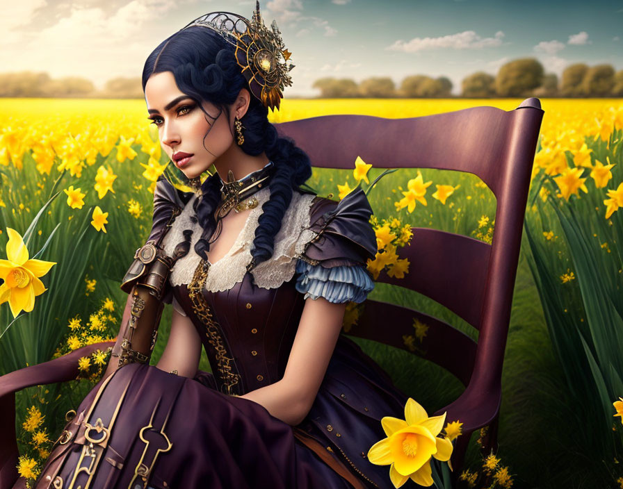 Victorian woman with mechanical arm in daffodil field under cloudy sky