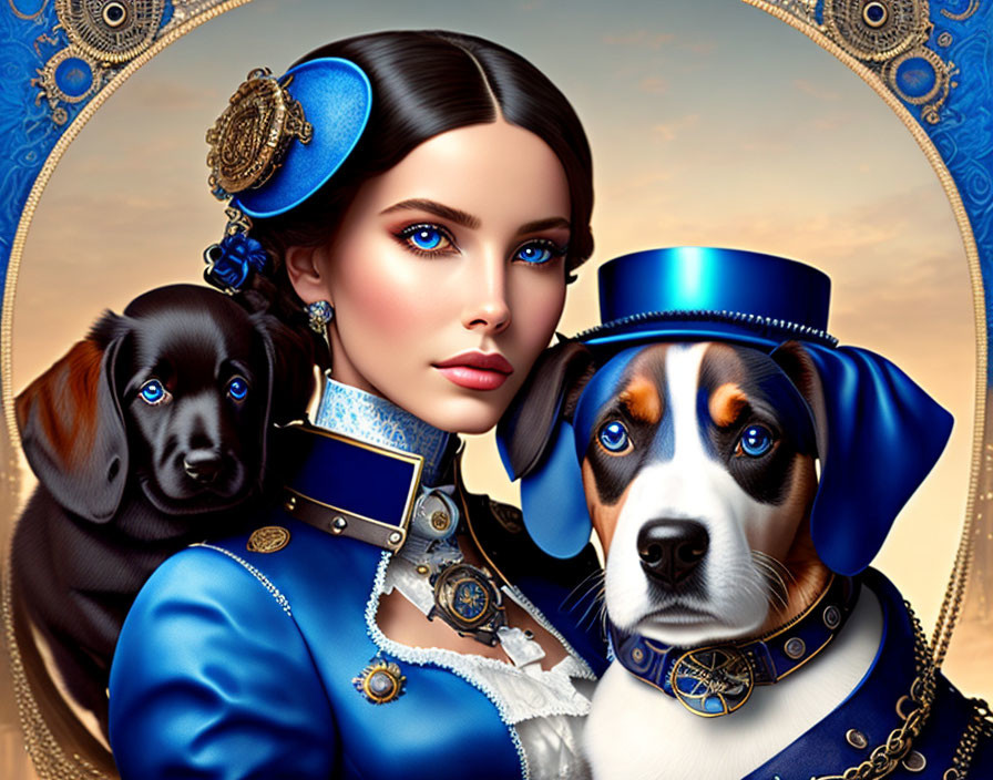 Victorian woman with two stylized dogs in digital art.