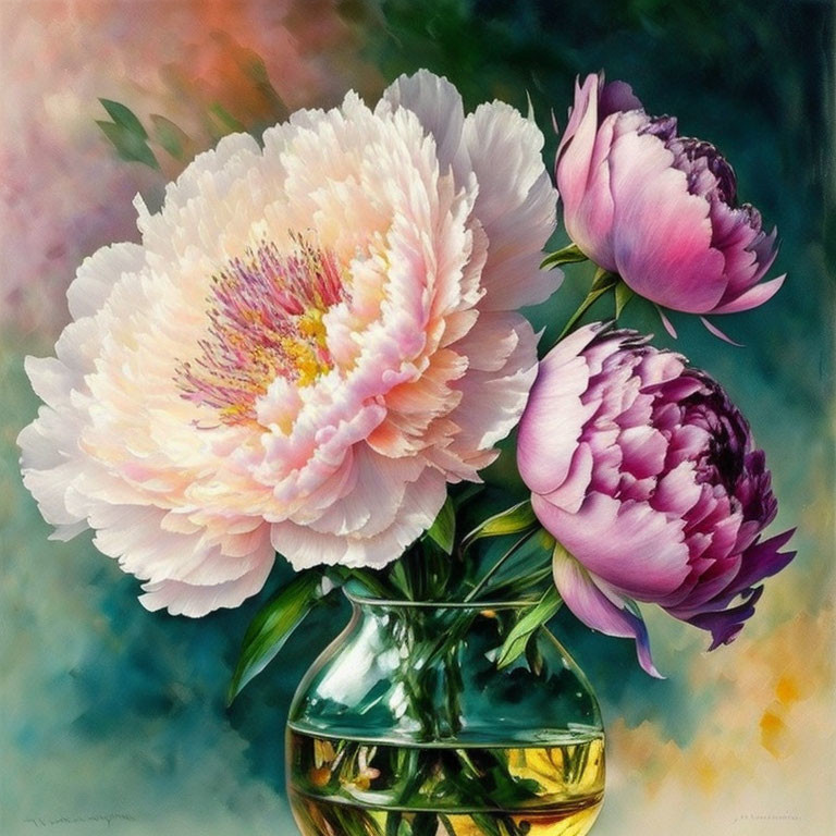 Floral painting: Two peonies in bloom and bud in glass vase