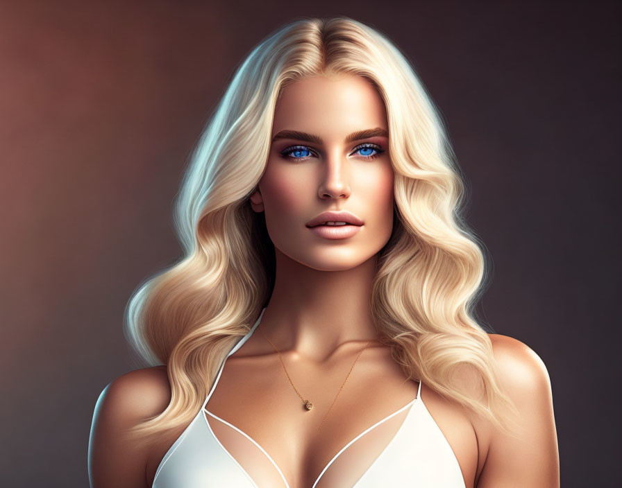 Digital illustration: Woman with blue eyes and blond hair in white top on brown background