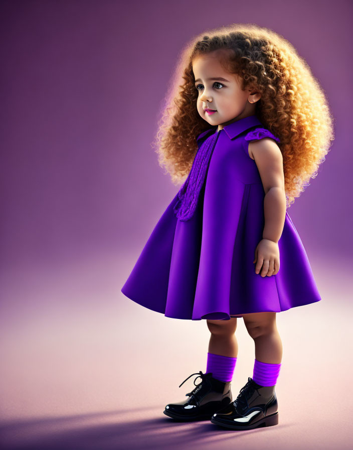 Curly-Haired Toddler in Purple Dress and Scarf on Violet Background