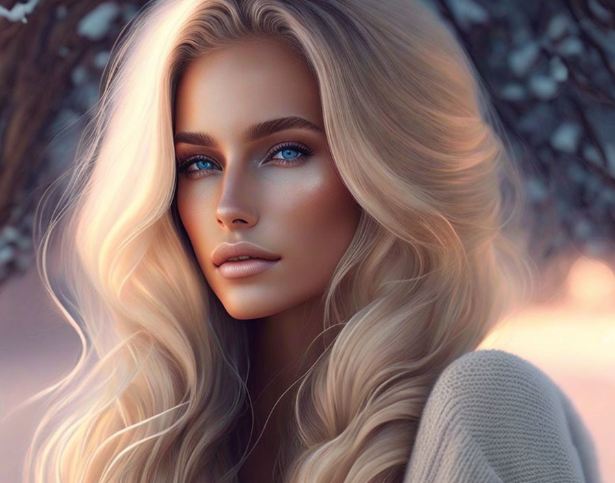 Striking blue-eyed woman with wavy blonde hair in nature setting