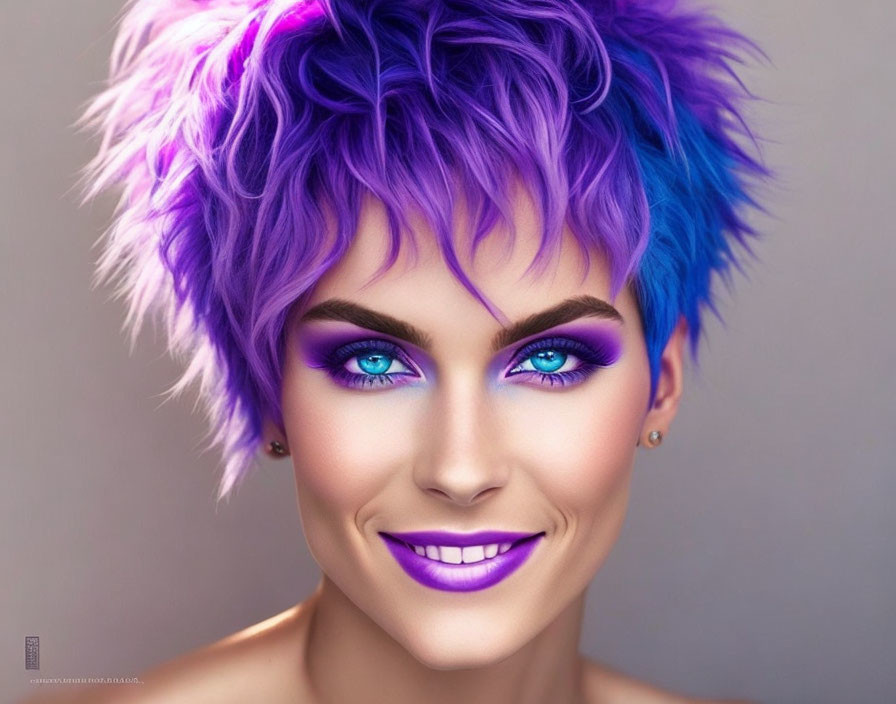 Portrait of person with blue eyes, violet hair, and purple makeup smiling.